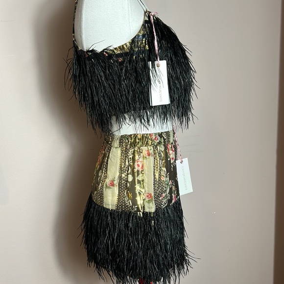 LOVESHACKFANCY Set Dusty Crop Cami Midnight Ruby & Risha Feather Trim Mini Skirt - Picture 8 of 17